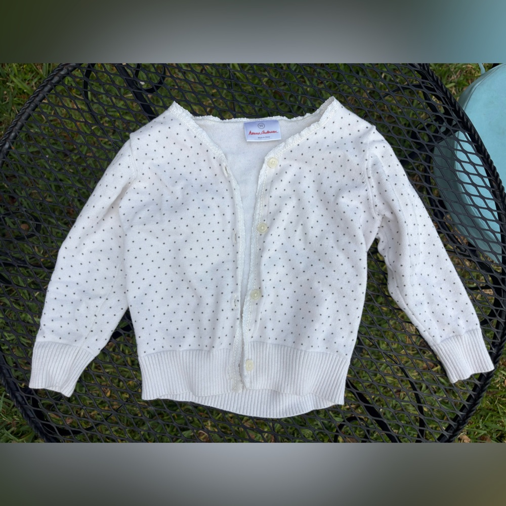 Hanna Andersson White Cardigan with Tiny Black Polka Dots